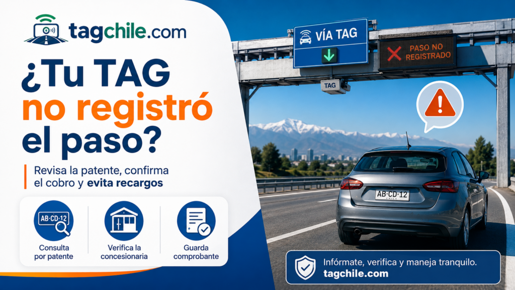 Pórtico TAG con paso no registrado en autopista chilena y guía para consultar por patente, verificar el cobro y evitar recargos