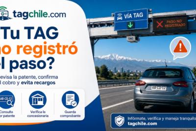 Pórtico TAG con paso no registrado en autopista chilena y guía para consultar por patente, verificar el cobro y evitar recargos