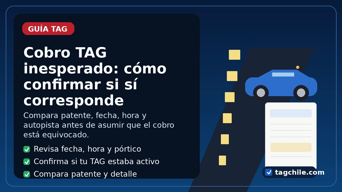 Imagen formal de tagchile.com sobre cómo confirmar si un cobro TAG inesperado realmente corresponde a tu tránsito.