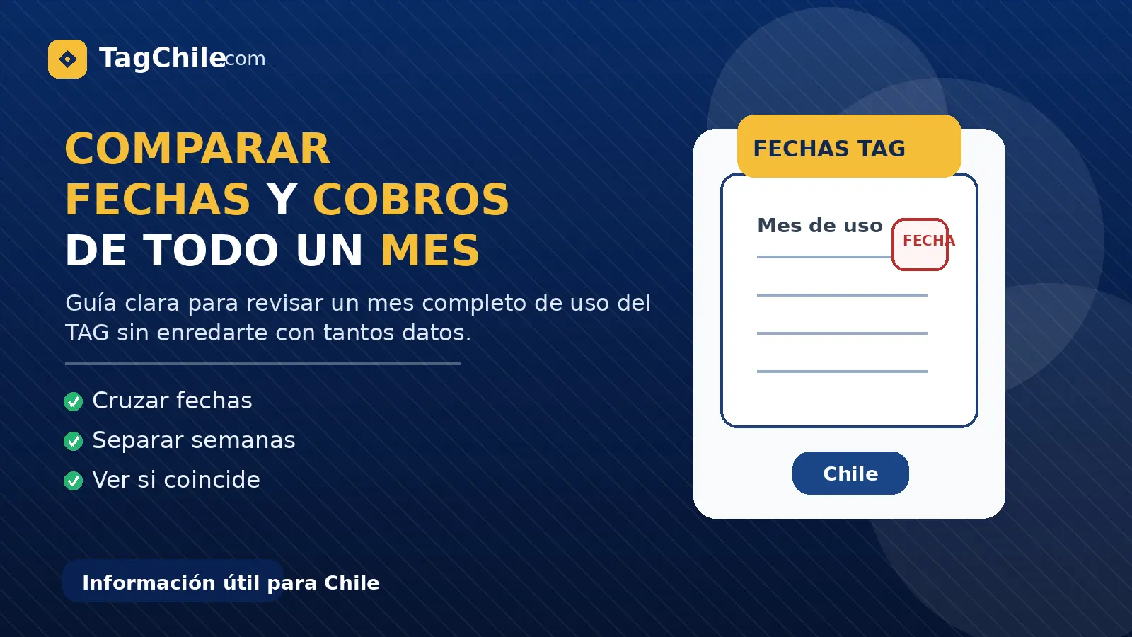 Imagen SEO de TagChile.com sobre cómo comparar fechas y cobros de todo un mes de uso del TAG en Chile.