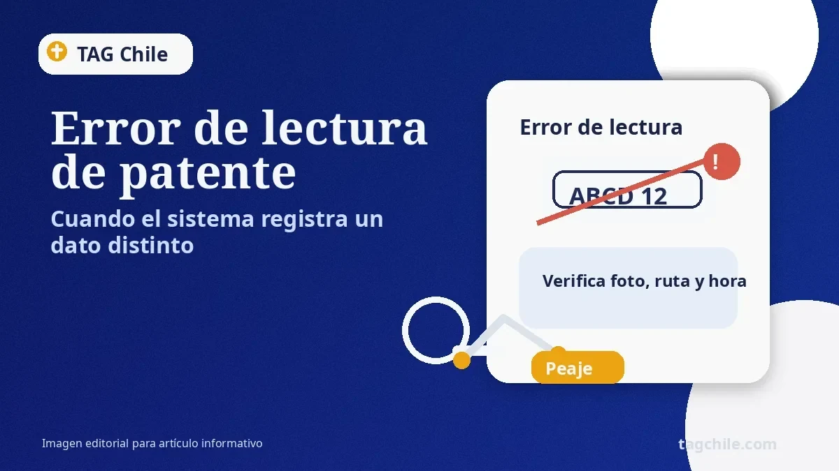 Imagen de error de lectura de patente en sistema TAG con alerta para verificar ruta, hora y datos del cobro