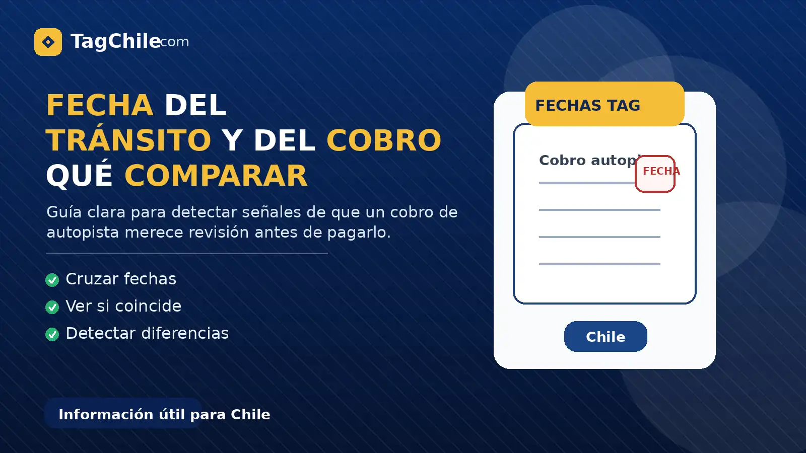 Imagen SEO de TagChile.com sobre fecha del tránsito y del cobro, qué debes comparar antes de pagar un cargo de autopista.