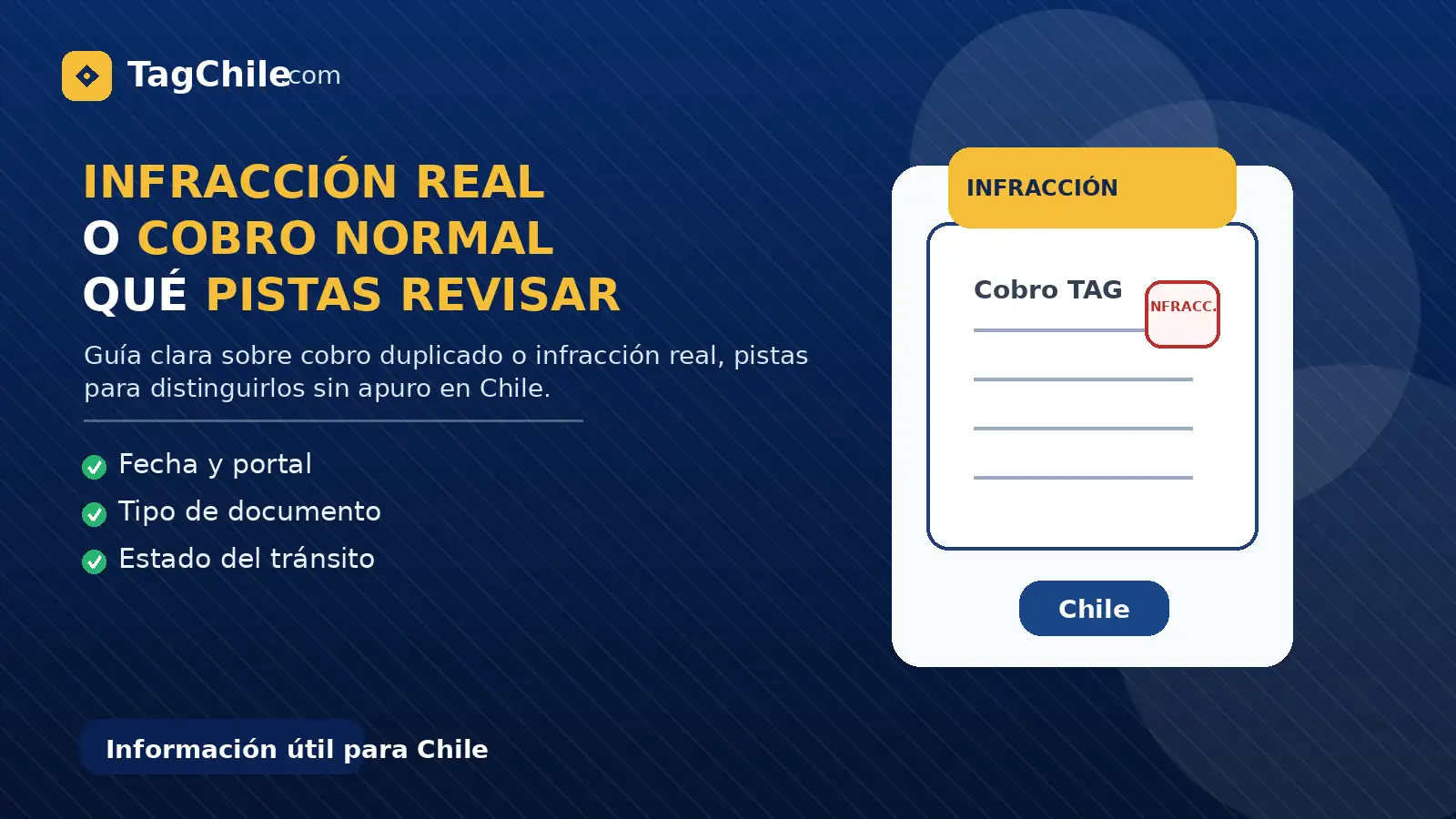 Imagen formal de TagChile.com sobre infracción real o cobro normal y qué pistas revisar antes de pagar.