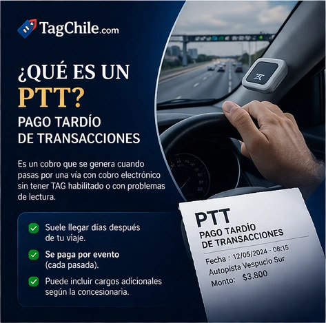 Imagen SEO de TagChile.com sobre qué es un PTT y cómo funciona el pago tardío de transacciones en autopistas de Chile.