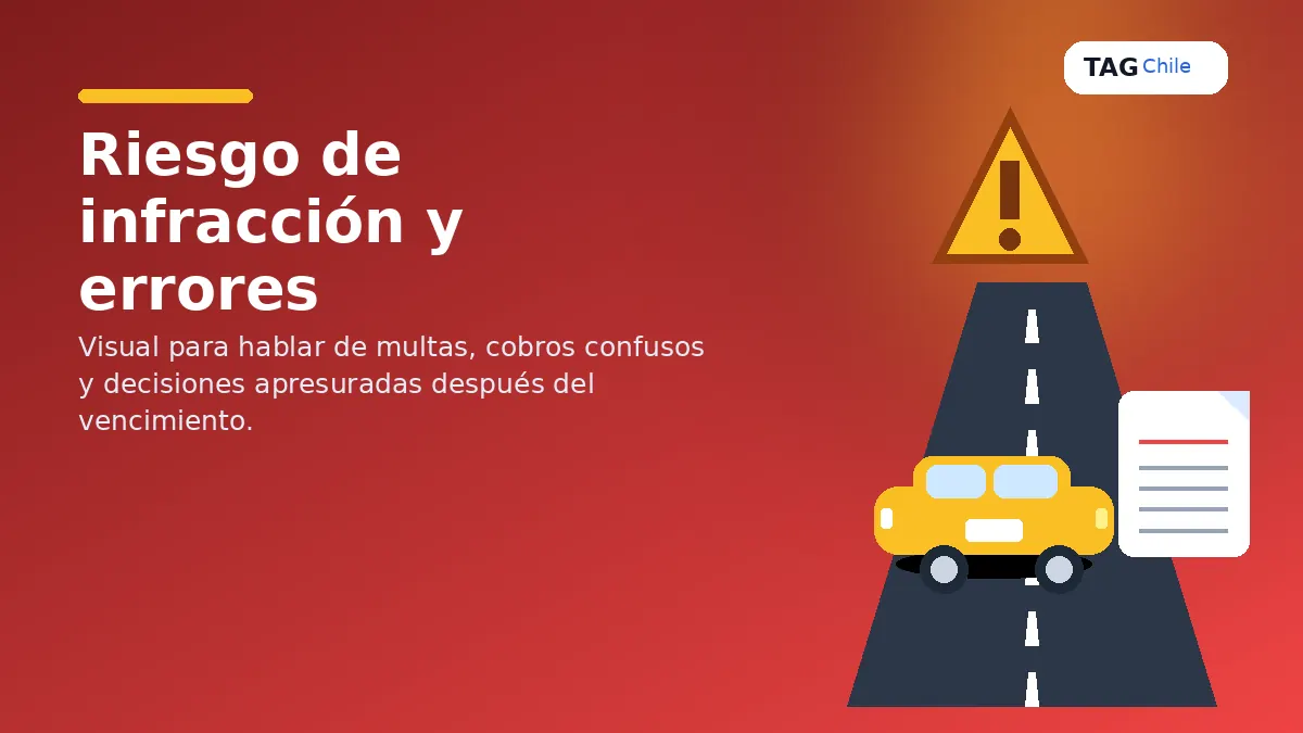 Riesgo de infracción por no regularizar TAG a tiempo, advertencia vial con auto y documento de cobro.