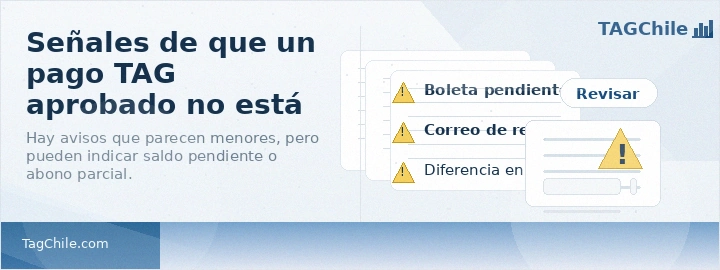 Imagen SEO de TagChile.com sobre señales de que un pago TAG aprobado no está completo.